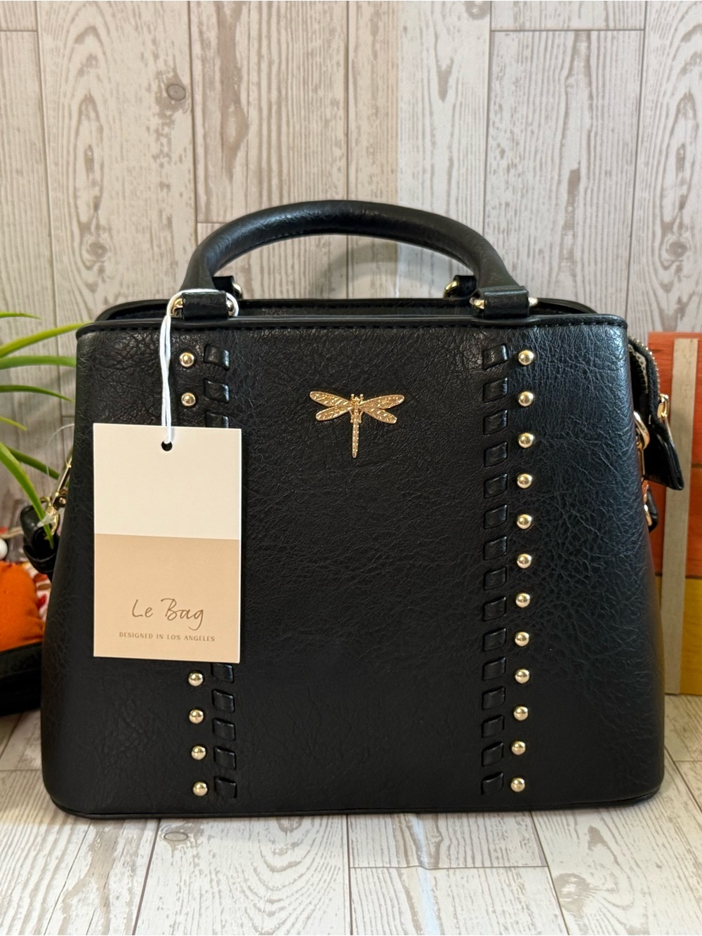 Black Structured Top-Handle Satchel with Gold Dragonfly